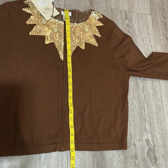 NWT Tasha Polizzi Brown Zip Front Cardigan Gold Sequin Stone Bead Detail… - Picture 15 of 16